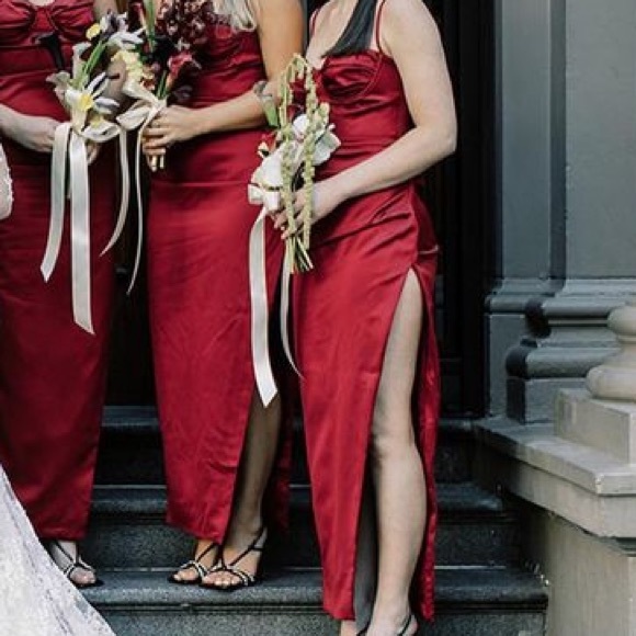 SOLD House of CB Wine Satin Pleated Corset Midi Dress - Picture 2 of 4